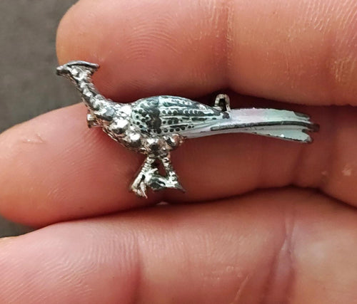 Road runner bird brooch in silver tone with blue-green enamel details