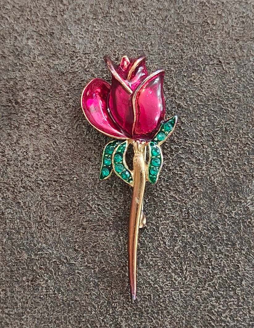 1980s Gold Tone Red Rose Brooch With Green Rhinestones Brooch Pin