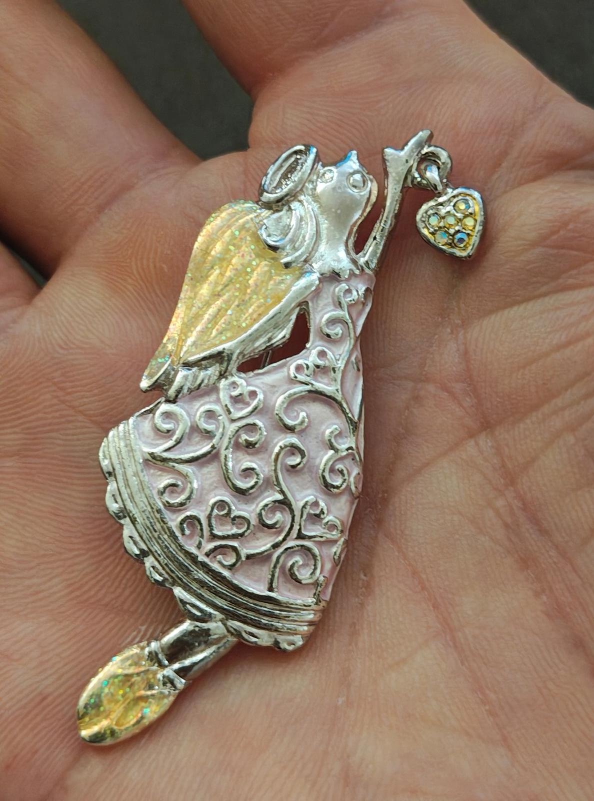 1980s Vintage Signed AAI Silver Tone Enamel Angel Brooch Pin