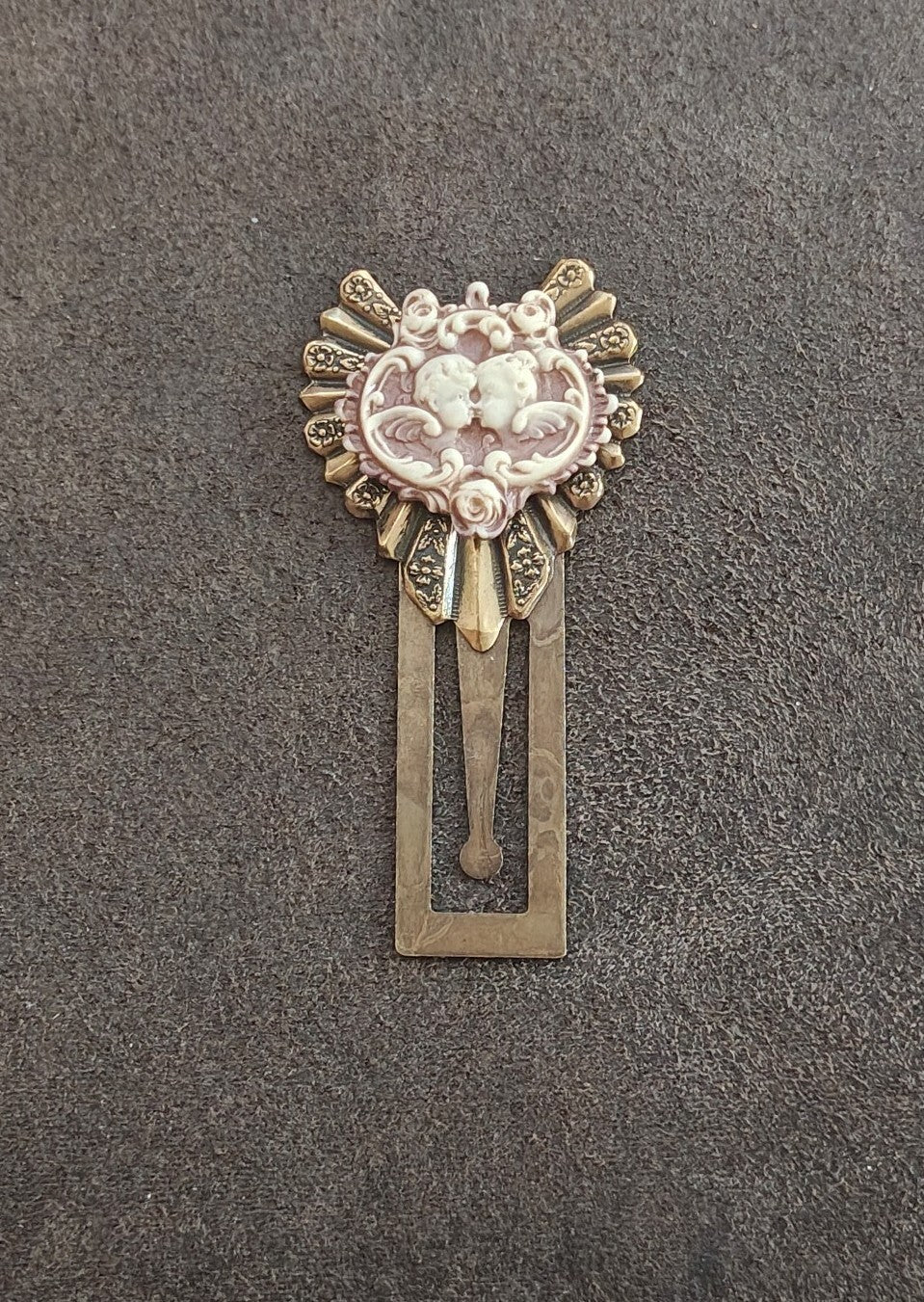 1990s Ornate Brass Cherub Cameo Bookmark/Victorian Revival Page Marker