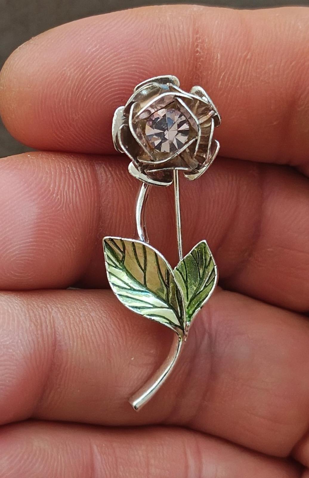 1990s Signed Avon Silver Tone With Green Enamel and Rhinestone Flower Brooch