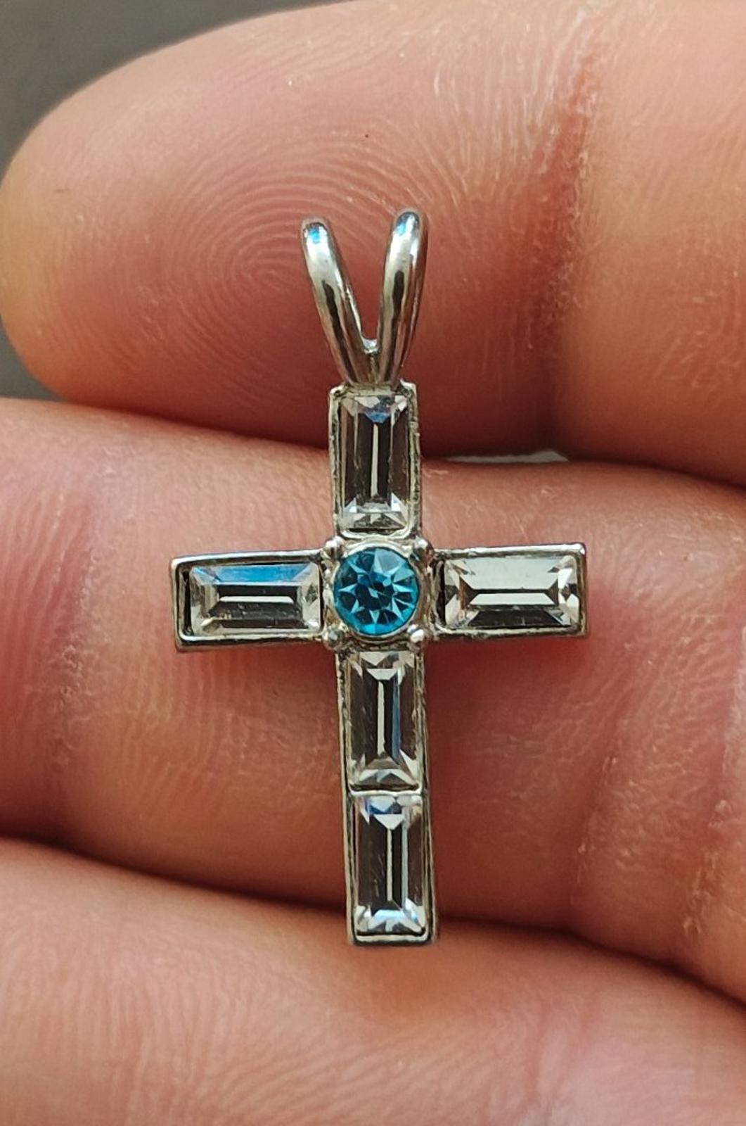 1990s Silver Tone With Clear and Blue Rhinestones Cross Pendant