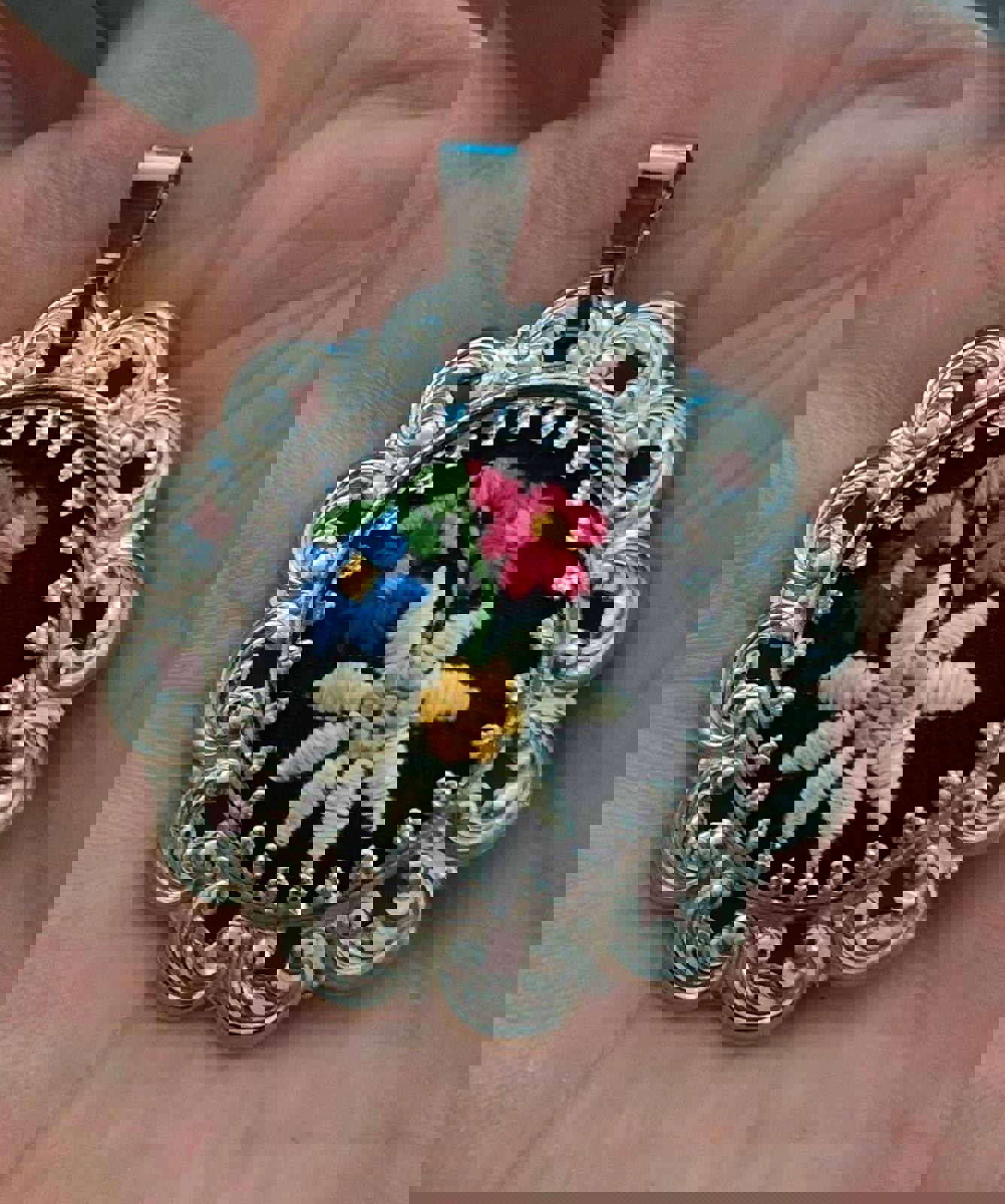 1970's Cross Stitched Flower Silver Tone Filigree Pendant