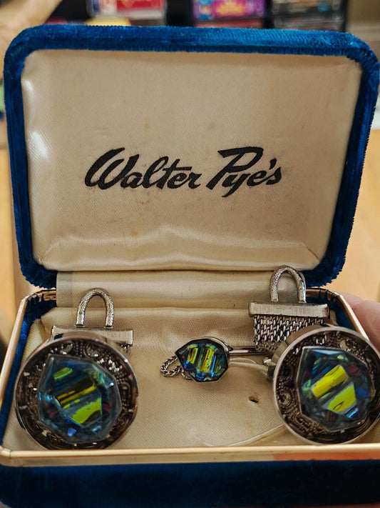1950/60’s Walter Pye’s Iridescent Watermelon Rivoli Stone Cufflinks and Tie Tack