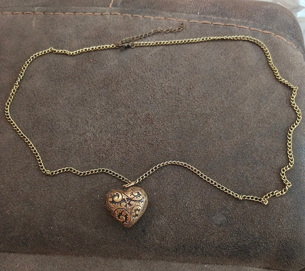 Vintage Style Ornate Puffy Heart Antique Brass Tone Pendant Necklace