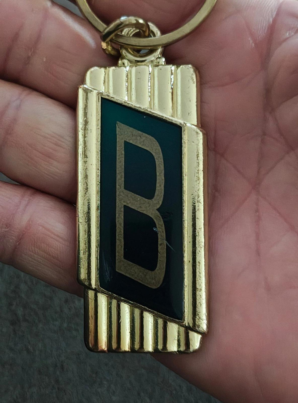 1970s Vintage Art Deco Style Crownmark Initial Letter "B" Gold Tone Keychain