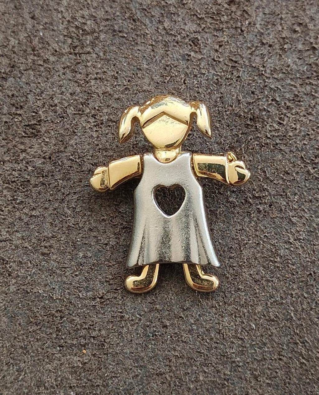 Two-tone girl dress brooch with heart cutout, gold-tone collar and shoes