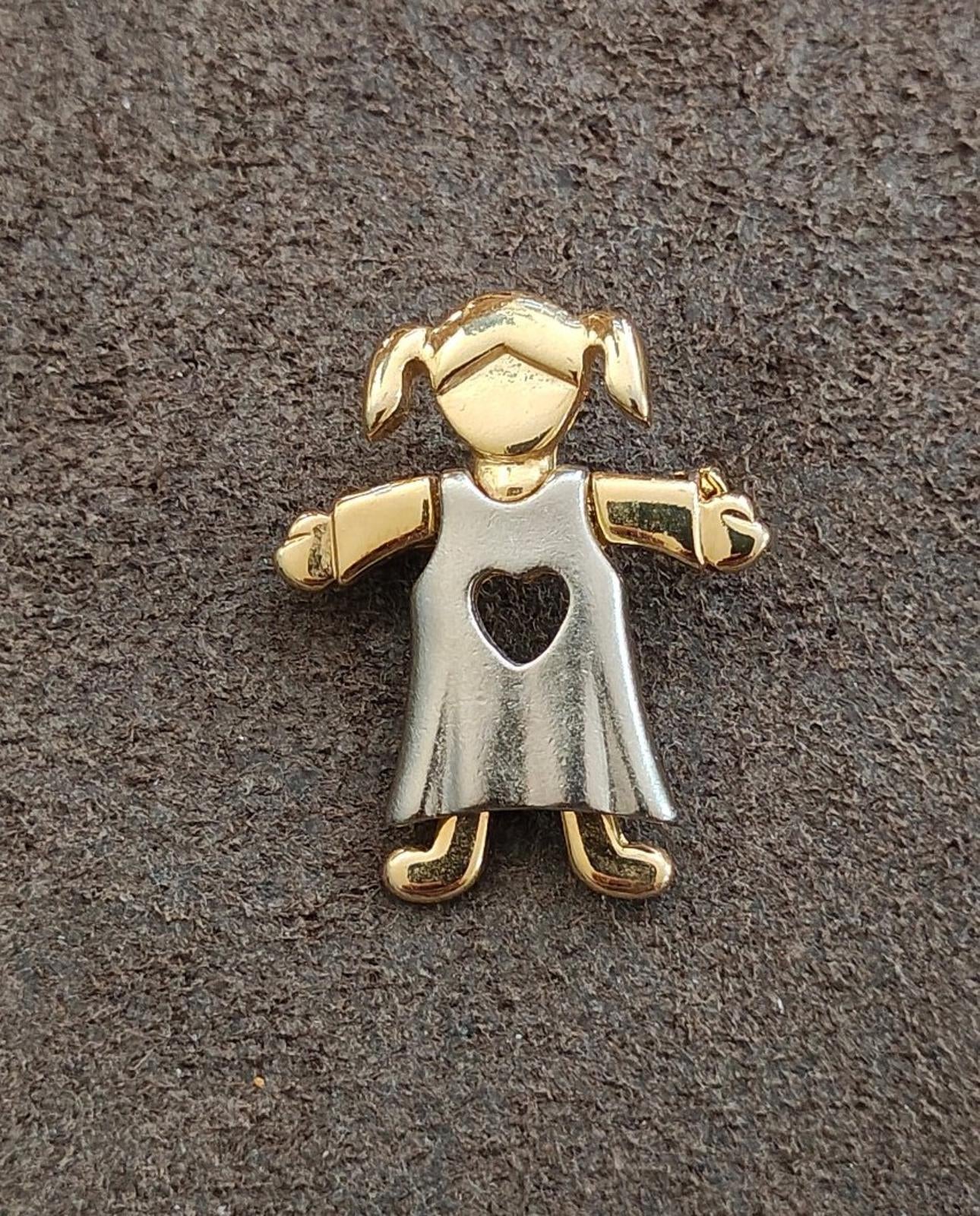 1990s Two Tone Little Girl With Pigtails In Dress With Heart Shaped Cutout Brooch