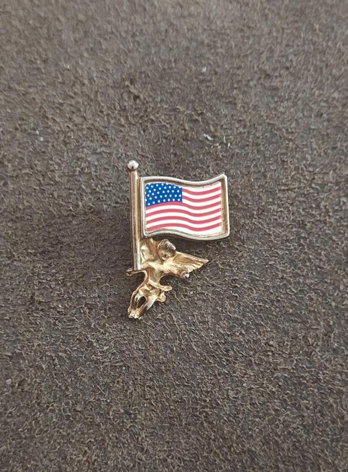 70s Signed FAF Inc. Gold Tone Patriotic American Flag Guardian Angel/Cherub Pin