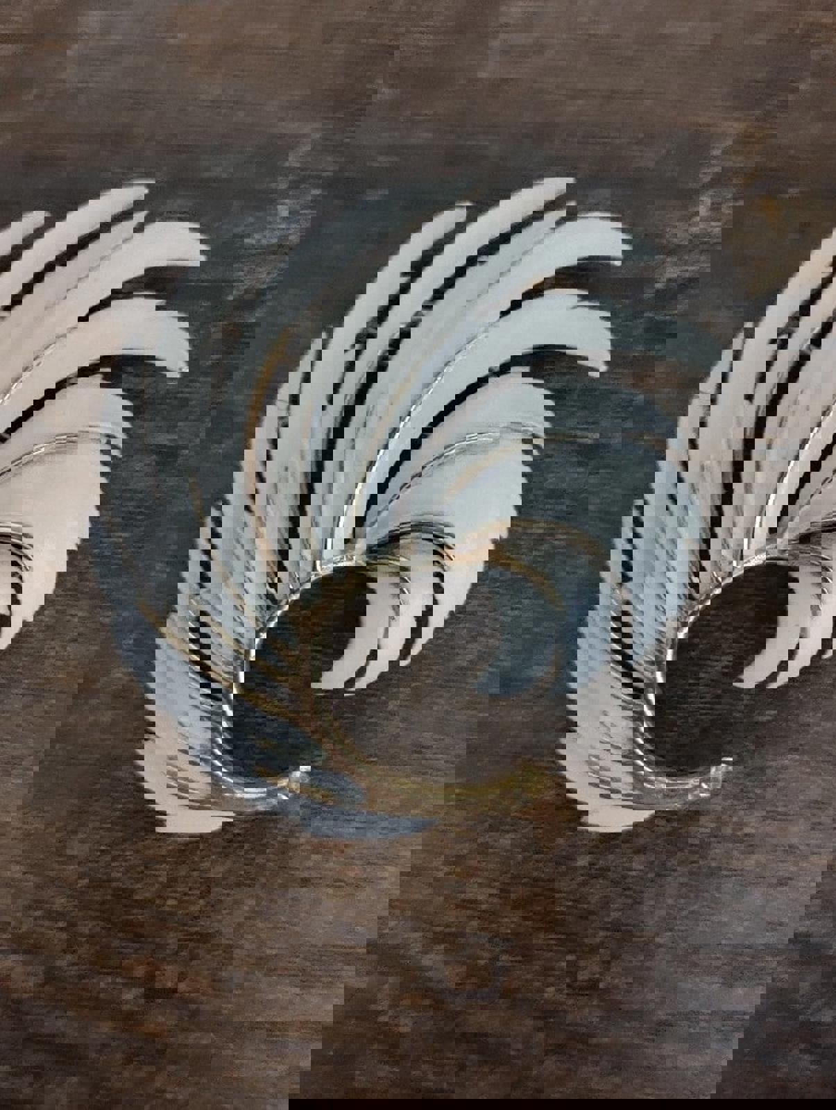 1970's Signed Lisner White Enamel Gold Tone Feather Brooch