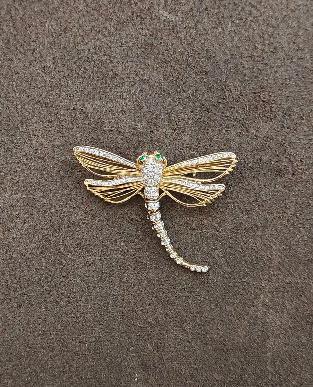 1990's Gold Tone With Clear Rhinestones and Green Enamel Eyes Dragonfly Pin