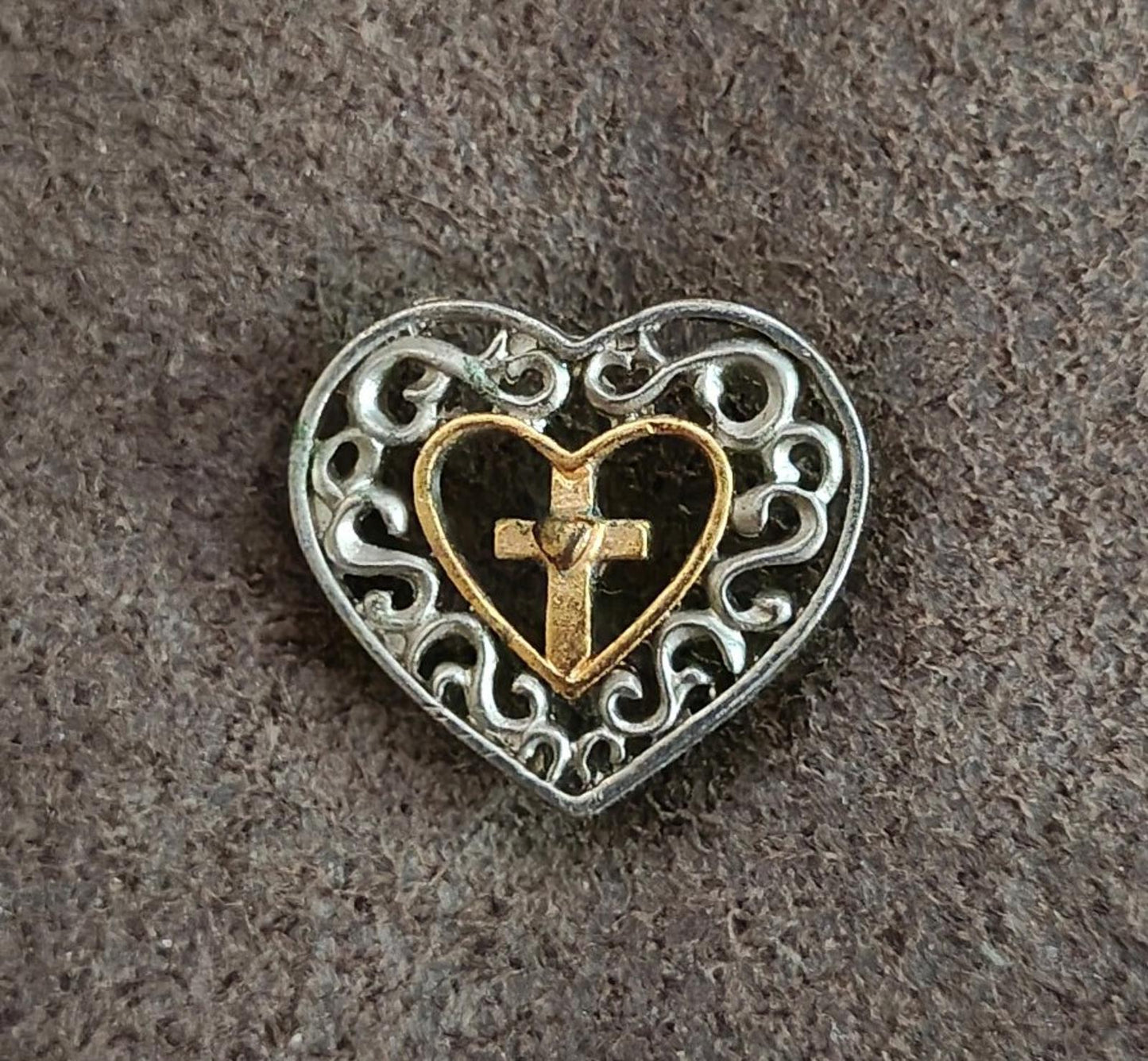 Two Tone Filigree Heart Cross Pin
