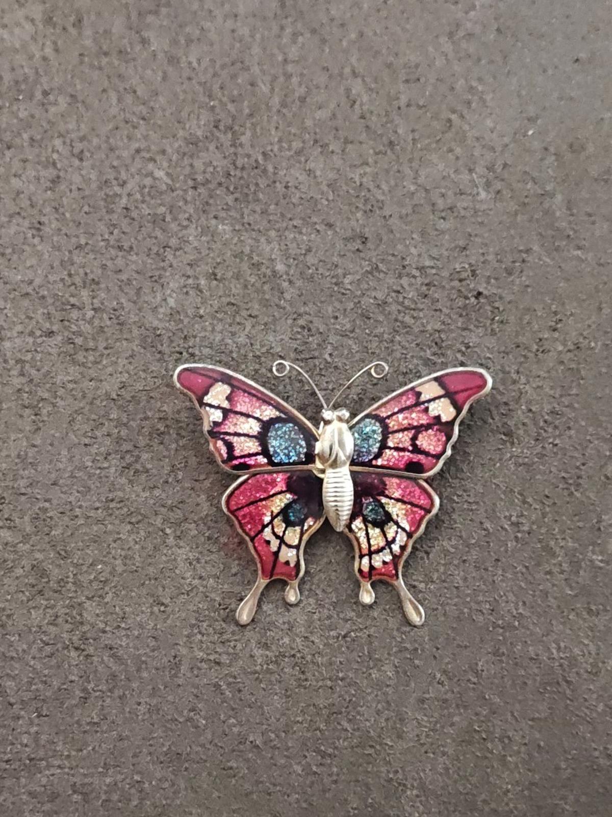1970s Gold Tone Butterfly With Enamel & Glitter Accents Brooch