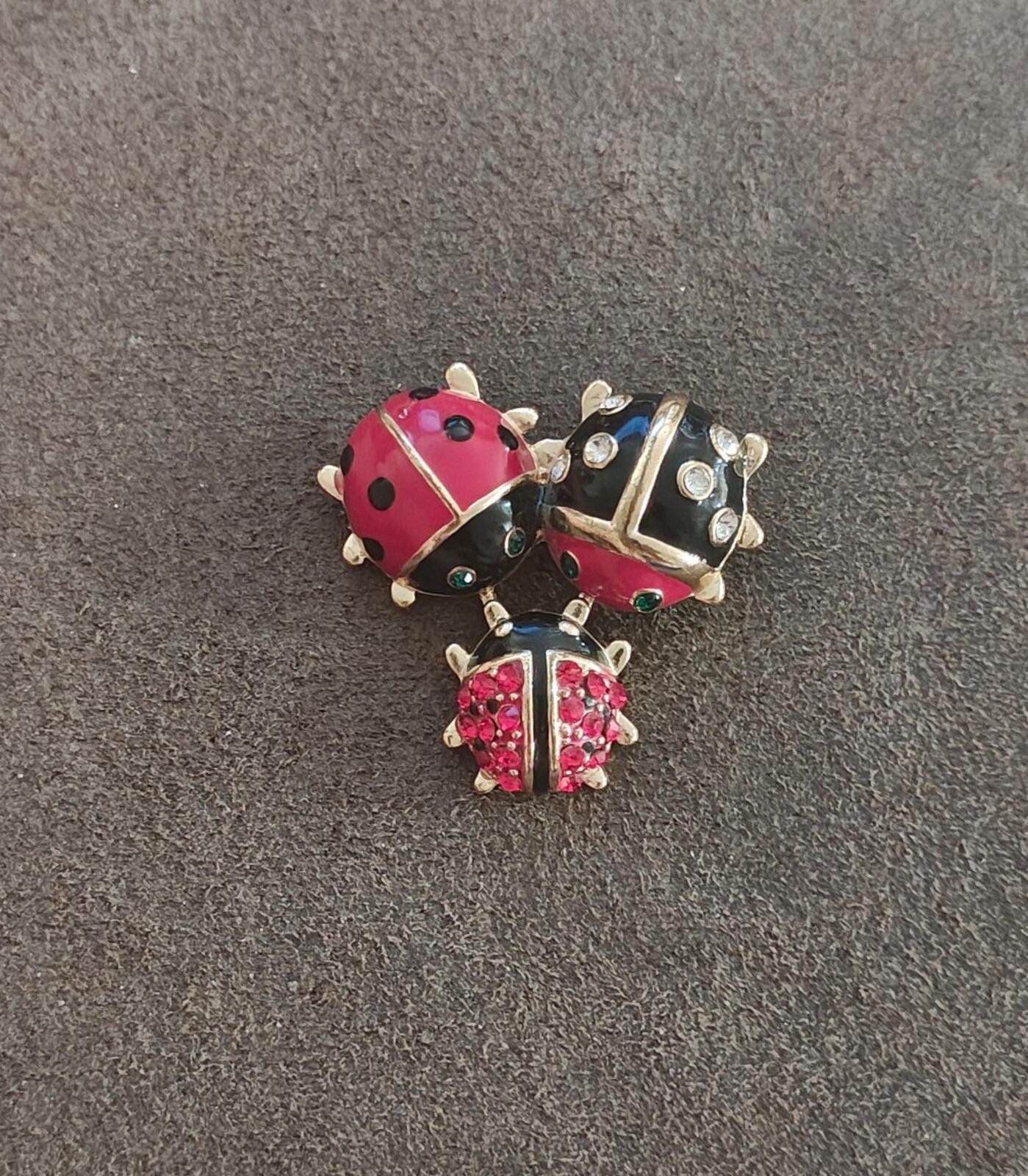 Gold Tone With Black & Red Enamel, Red & Clear Rhinestones Ladybug Trio Brooch