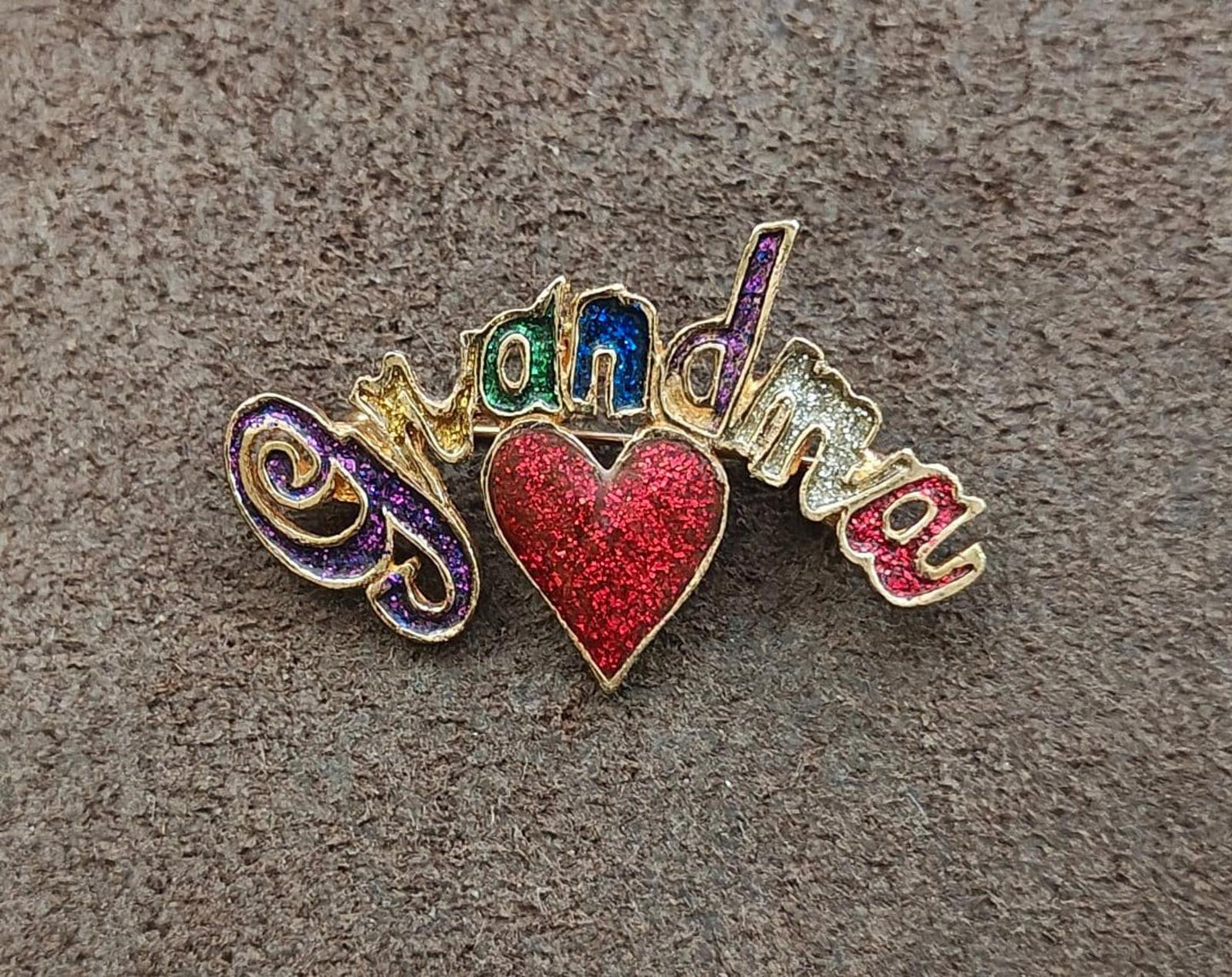 1980s Rainbow Glitter Gold Tone Grandma Brooch
