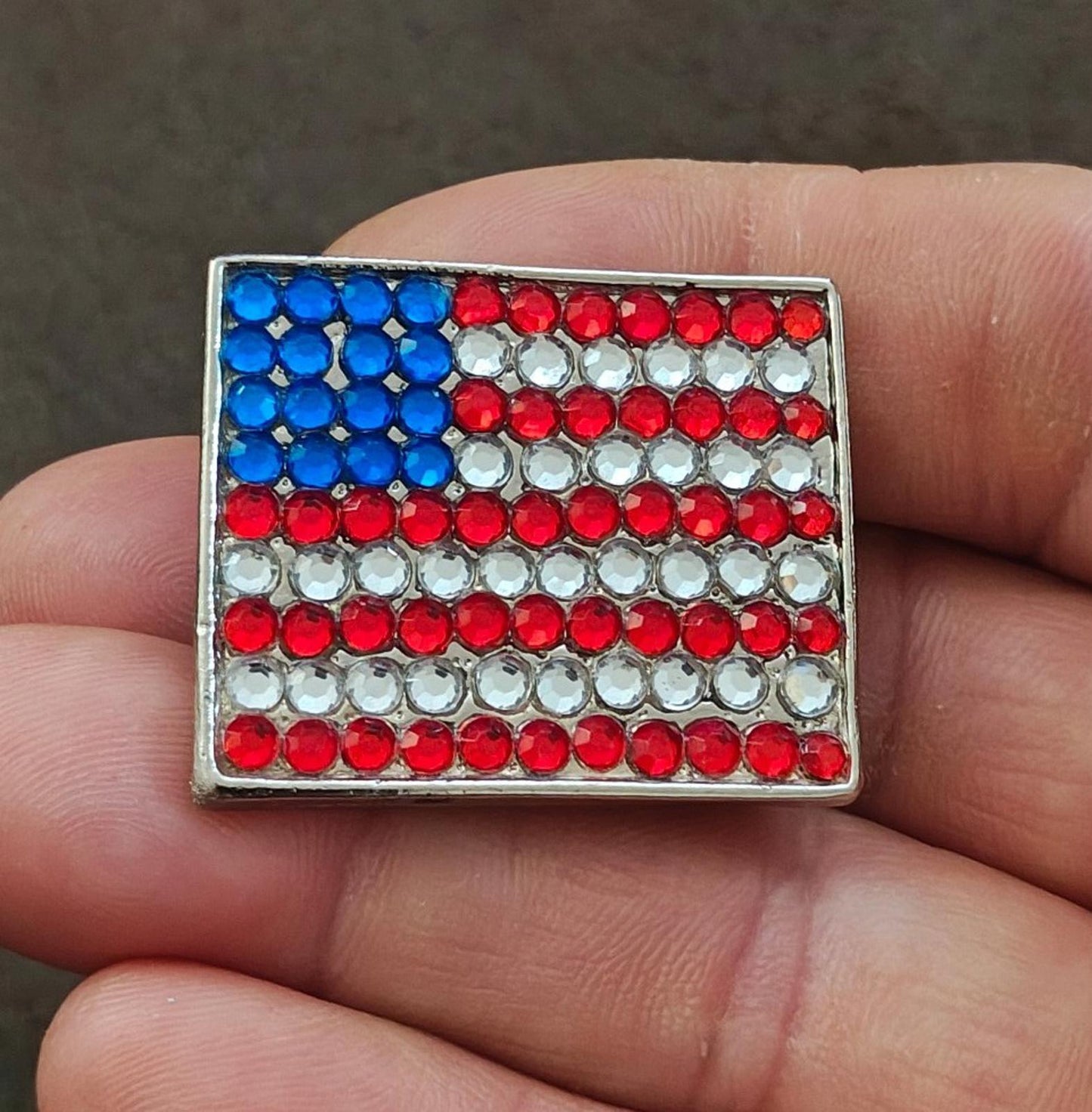1980s Gold Tone American Flag With Red White and Blue Rhinestones Brooch