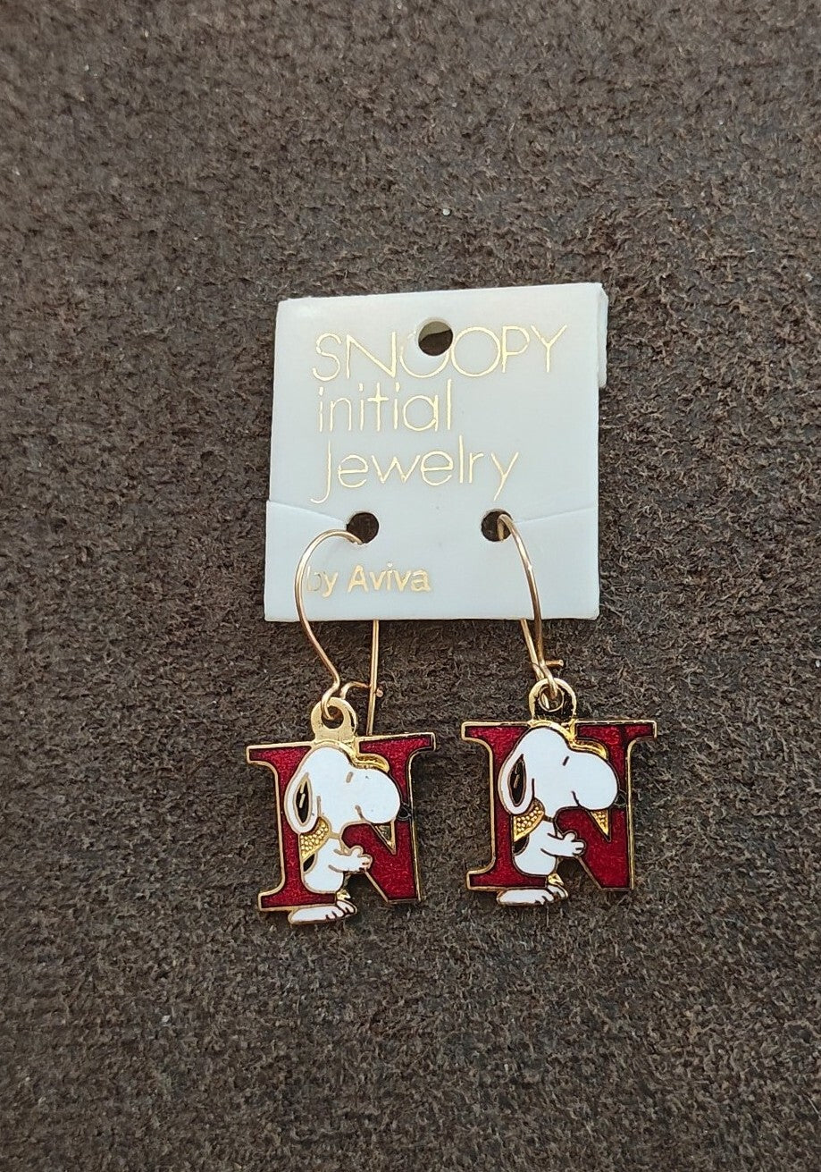 1970s Peanuts Snoopy Initial "N" Gold Tone Cloisonné Enamel Dangle Earrings New.