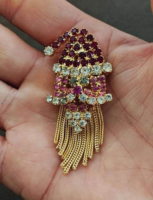 1960s Signed Hobe Gold Tone With Sparkling Austrian Rhinestones Santa Brooch