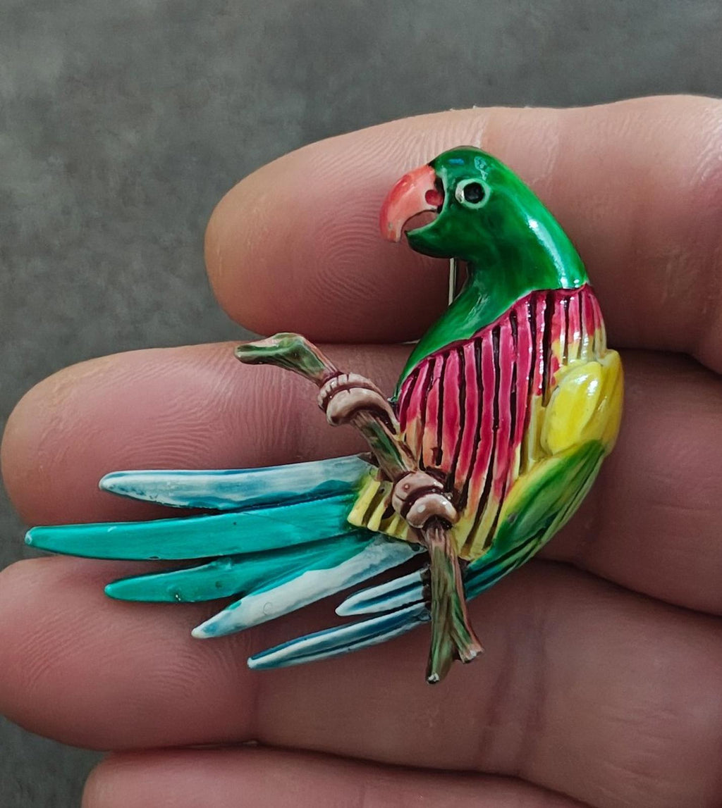 1980s Vintage Hand-Painted Enamel Parrot Sitting On Branch Silver Tone Brooch