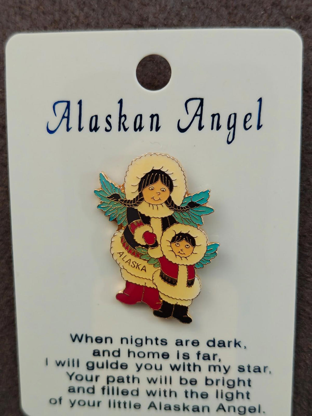 Angel gold-tone enamel pin on card showing two angel figures and wings