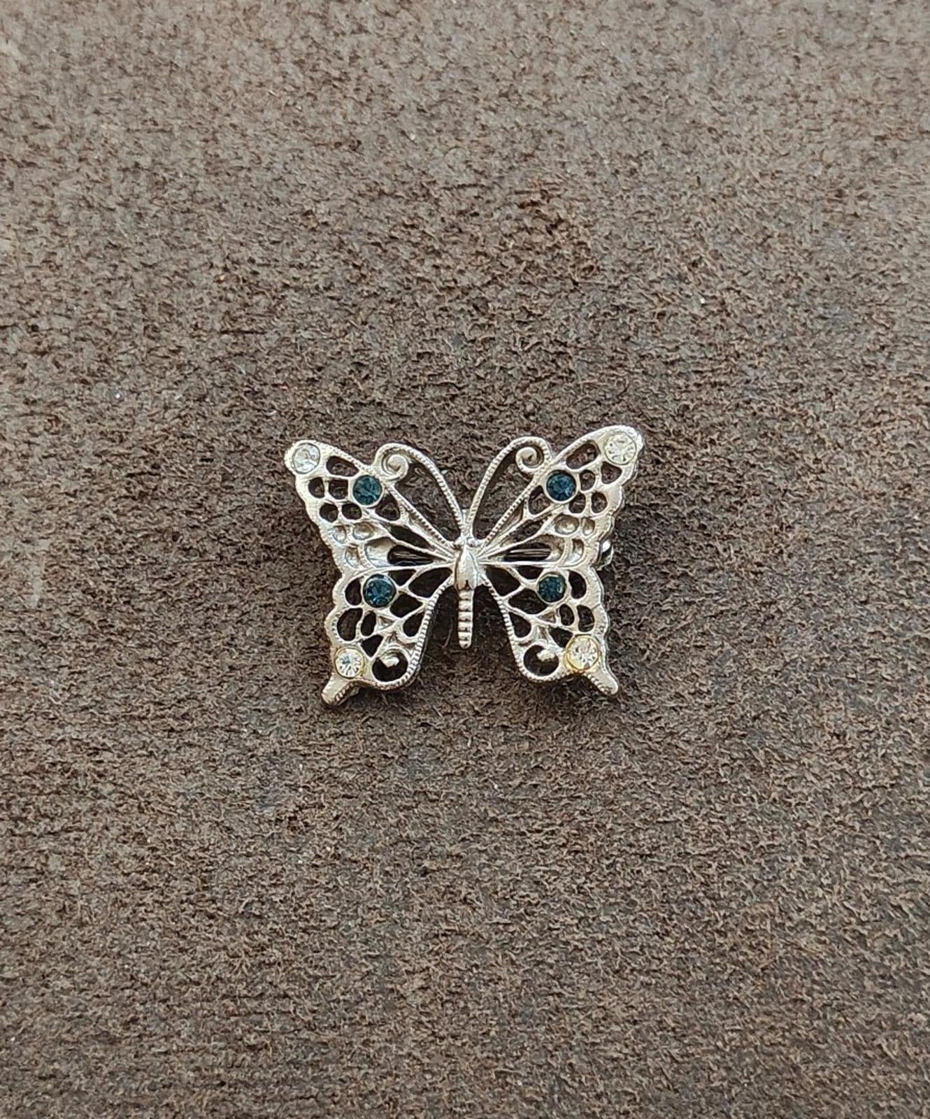 1950s Silver Tone With Clear & Blue Rhinestones Butterfly Brooch