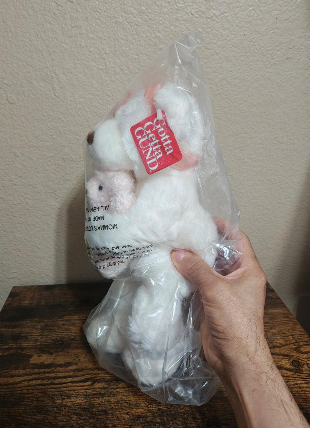 Plush teddy bear set, white with pink cap, in sealed clear packaging