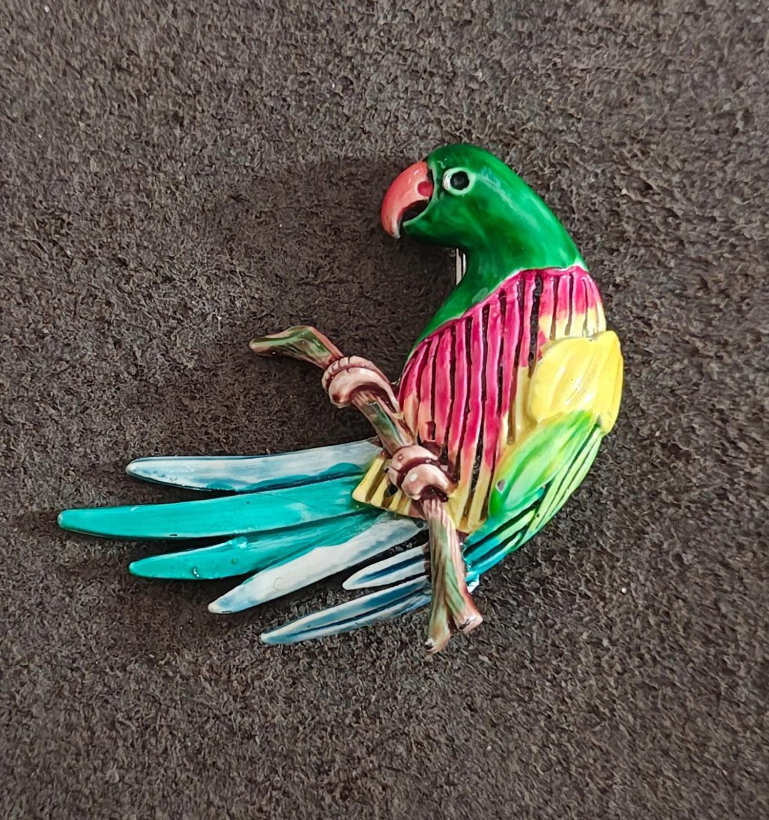 1980s Vintage Hand-Painted Enamel Parrot Sitting On Branch Silver Tone Brooch