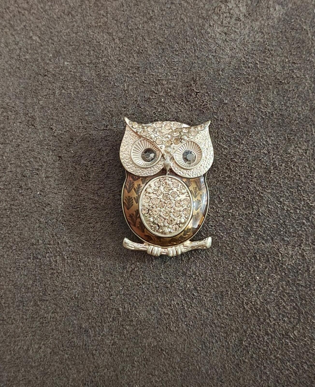1980s Gold Tone With Brown & Clear Rhinestones Owl Brooch