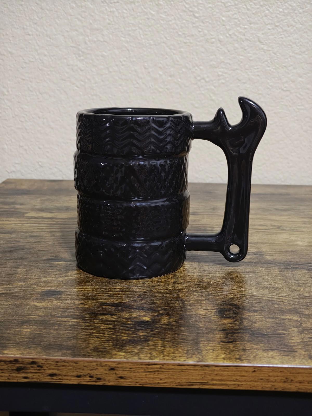 1990's Textured Black Ceramic Glaze Wrench Handle Mug