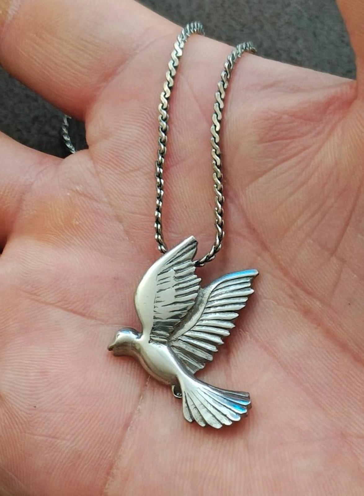 1980s Pewter Dove Pendant With Silver Tone Chain