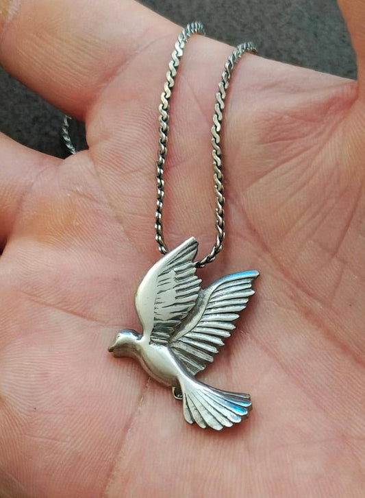 1980s Pewter Dove Pendant With Silver Tone Chain