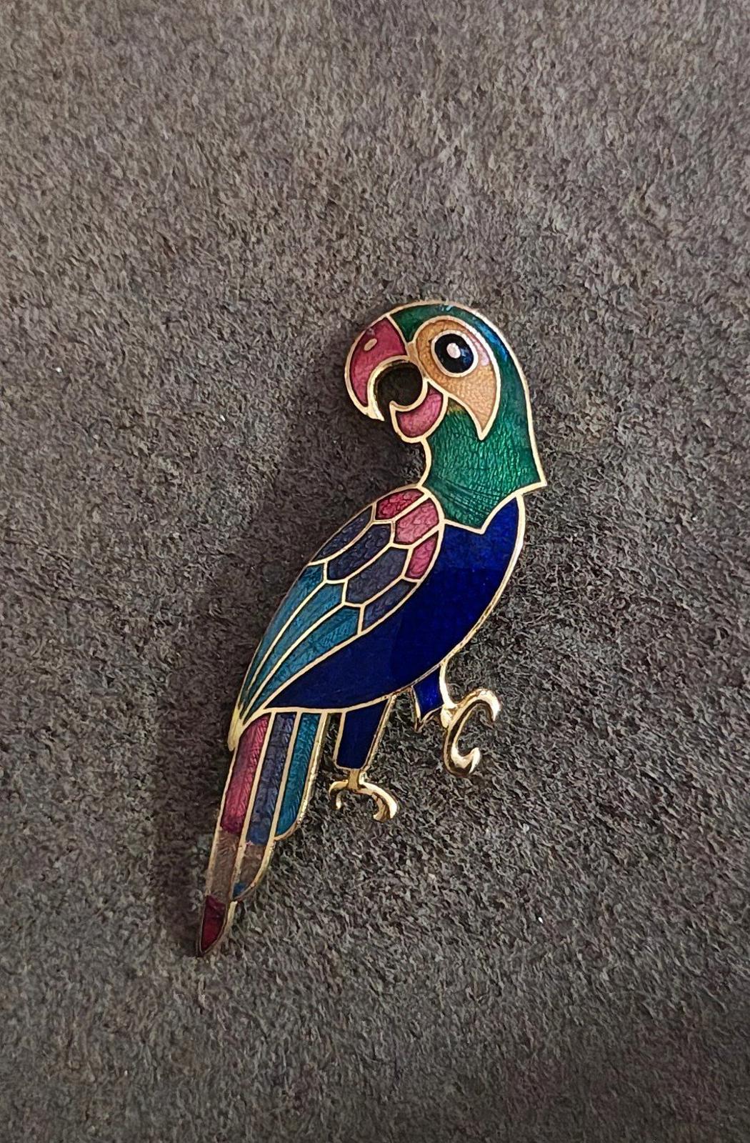1980s Vintage Gold Tone Cloisonné Enamel Parrot Brooch Pin