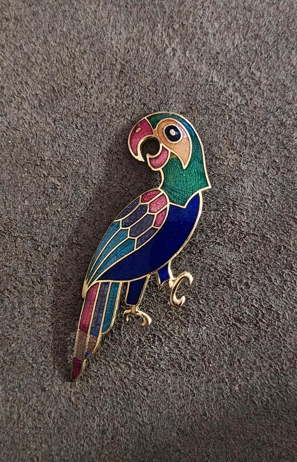 1980s Vintage Gold Tone Cloisonné Enamel Parrot Brooch Pin