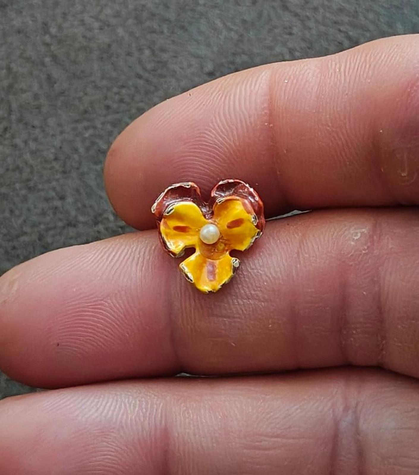 1990s Vintage Orange And Maroon Enamel Small Pansy Brooch With Faux Pearl