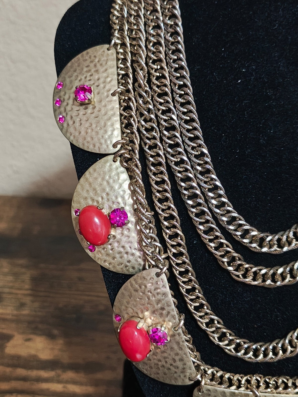 2000s Sequin Gold Tone Rhinestones & Red Stones Statement Necklace