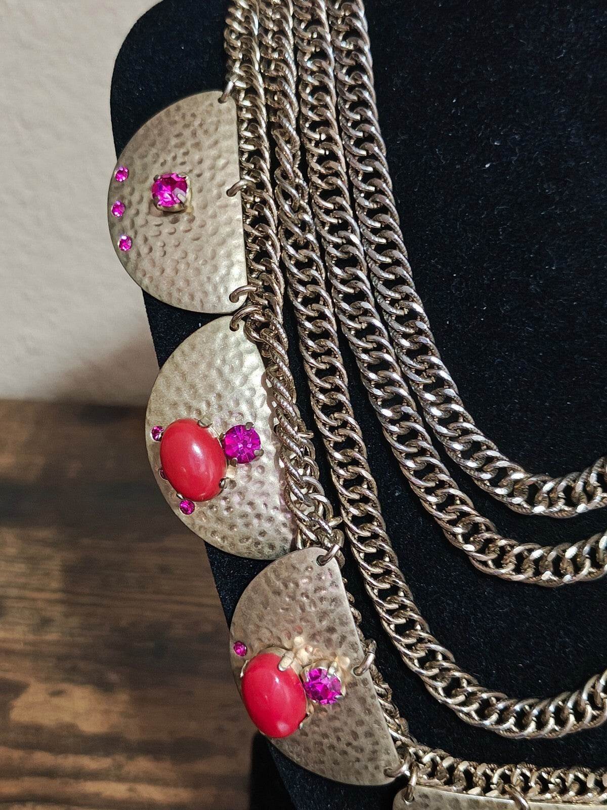 2000s Sequin Gold Tone Rhinestones & Red Stones Statement Necklace