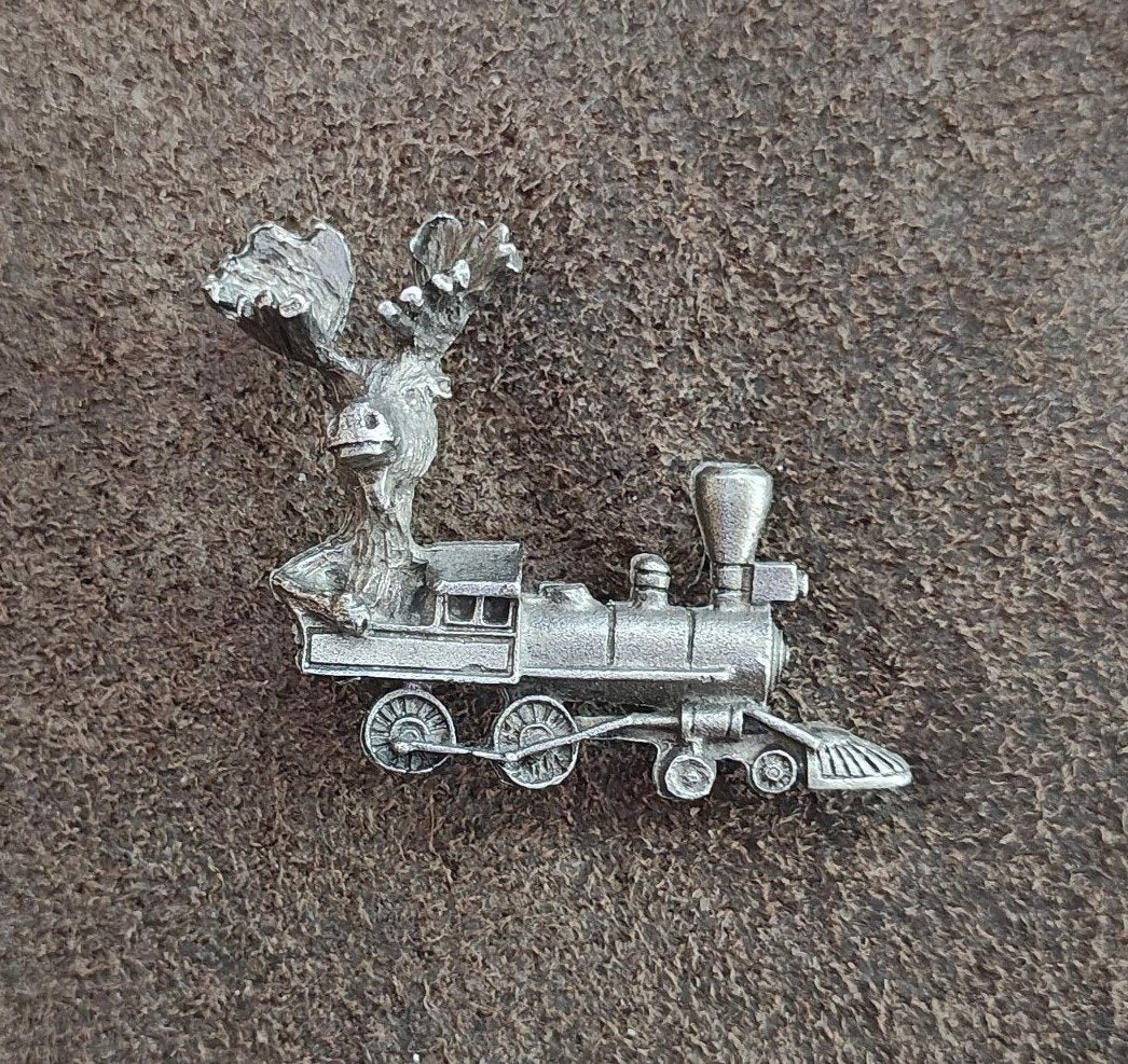 1980s/90s Rare Moose Riding a Locomotive Train Pewter Pin