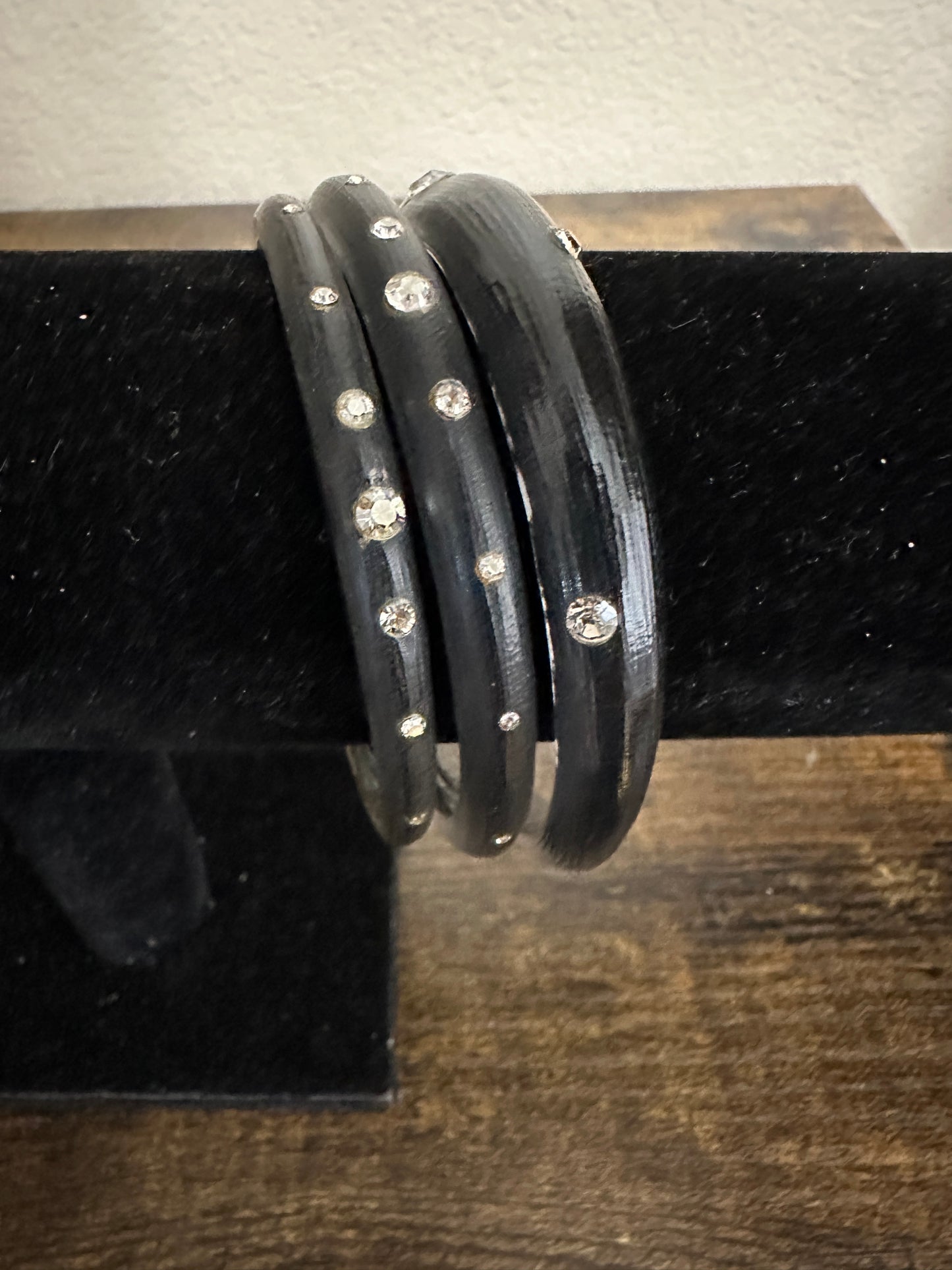 3 Alexis Bittar Smokey Gray Black Lucite Bangles With Crystal Embellishments