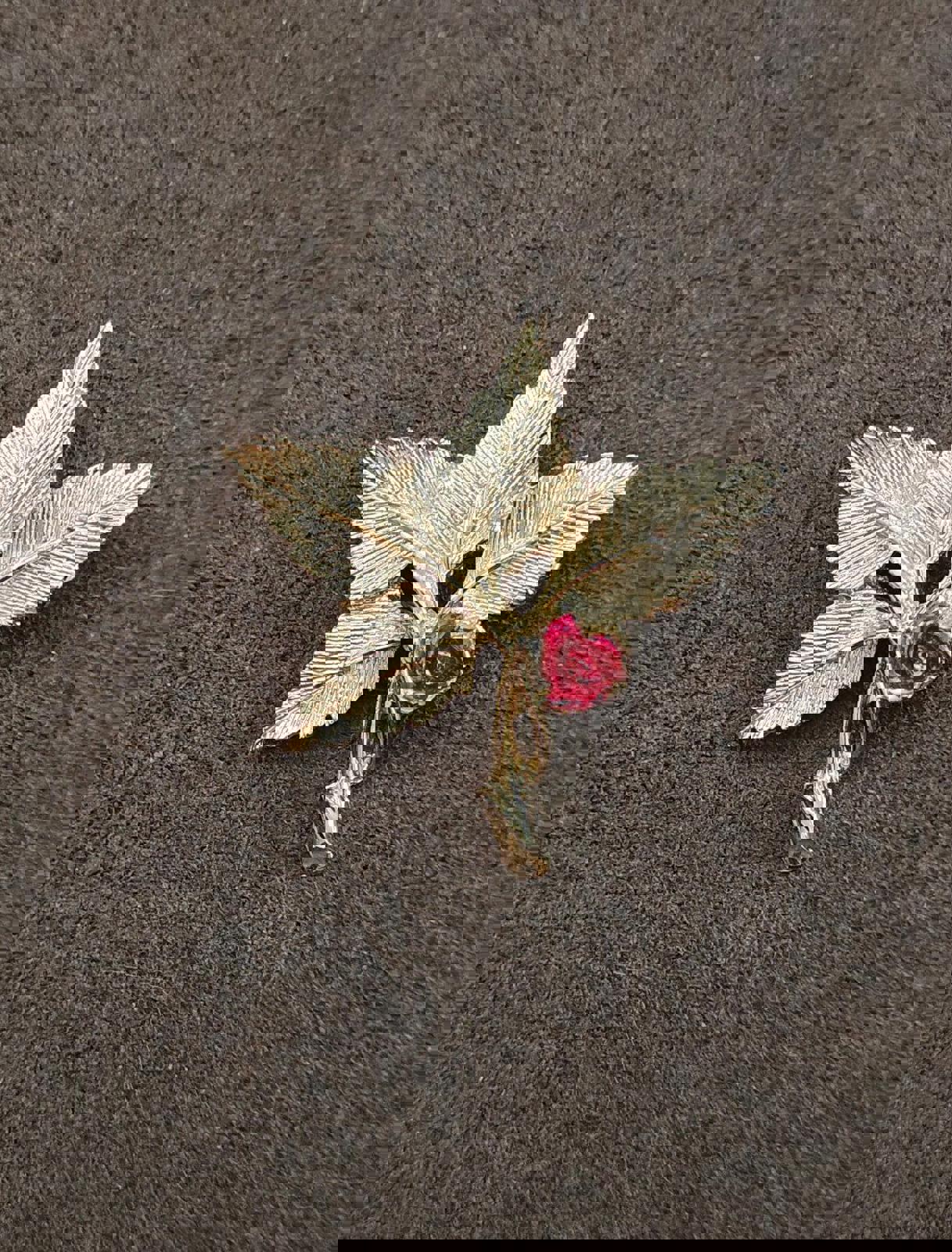 1980's Gold Tone Leaf and Red Rose Virgin Mary On Back Pin Brooch