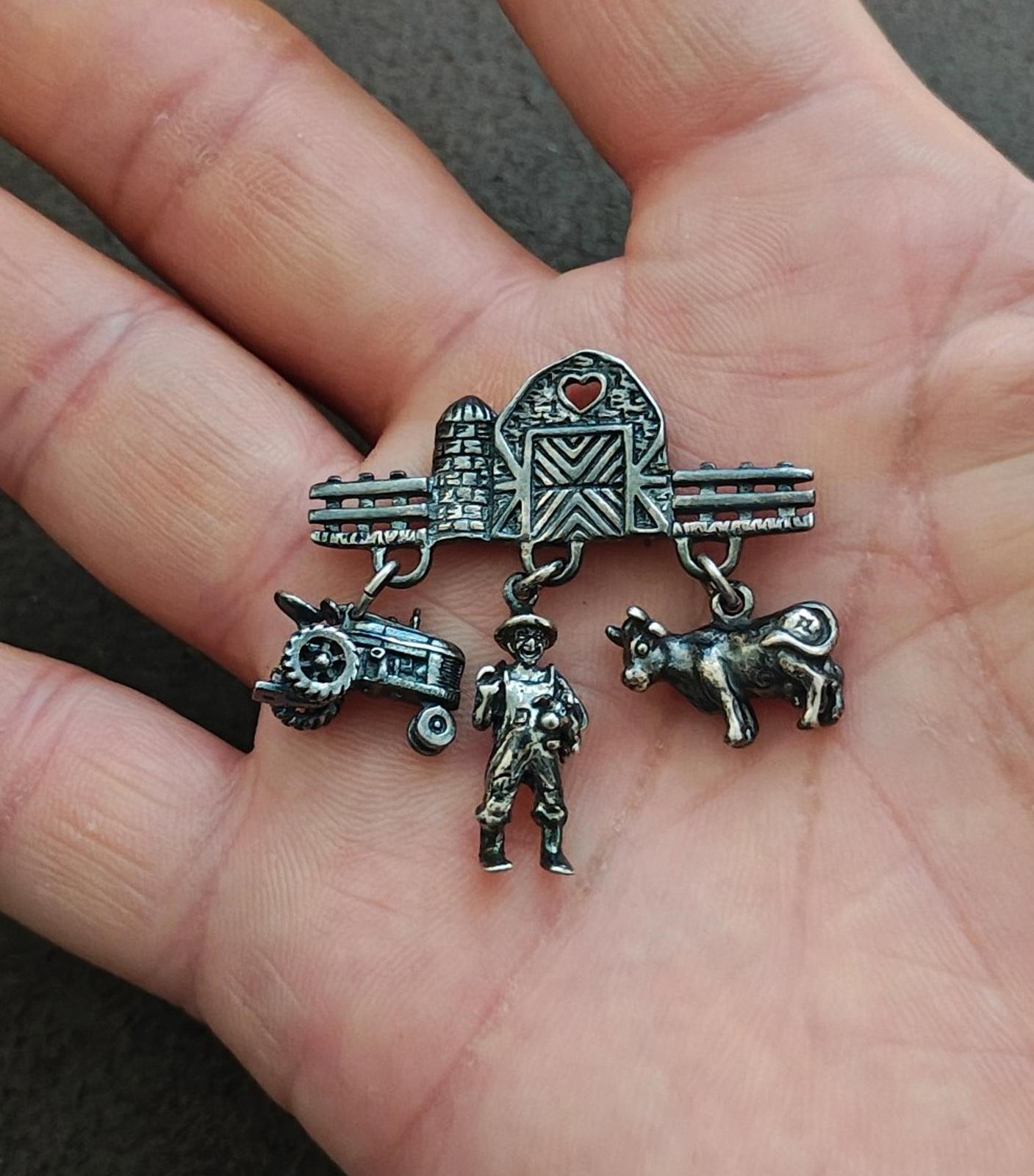 1990s Antiqued Sterling Silver Farm  Charm Dangle Pin
