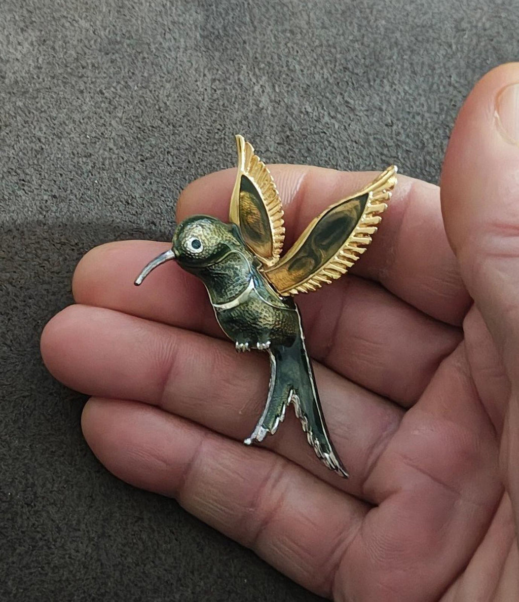 1980's Silver And Gold Tone With Green Enamel Hummingbird Brooch Pin
