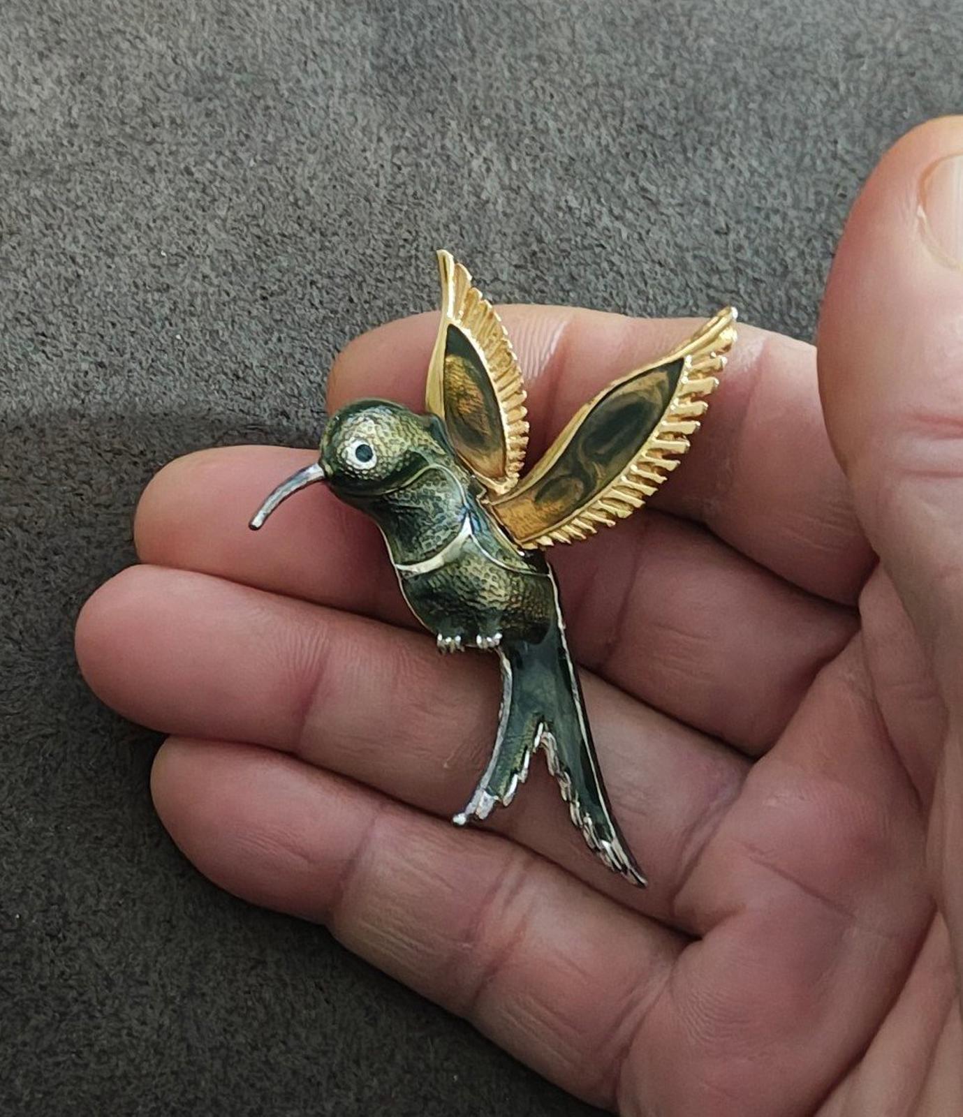 1980's Silver And Gold Tone With Green Enamel Hummingbird Brooch Pin