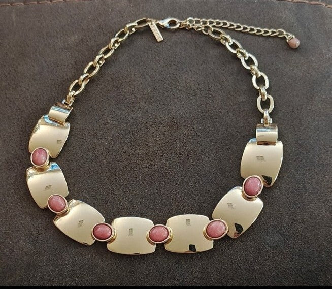 WHBM Gold Tone Rectangular Panel Pink Rhodonite Choker Statement Collar Necklace