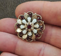 1950s Layered Flower Brooch With Red Rhinestones Gold Tone White Enamel Brooch
