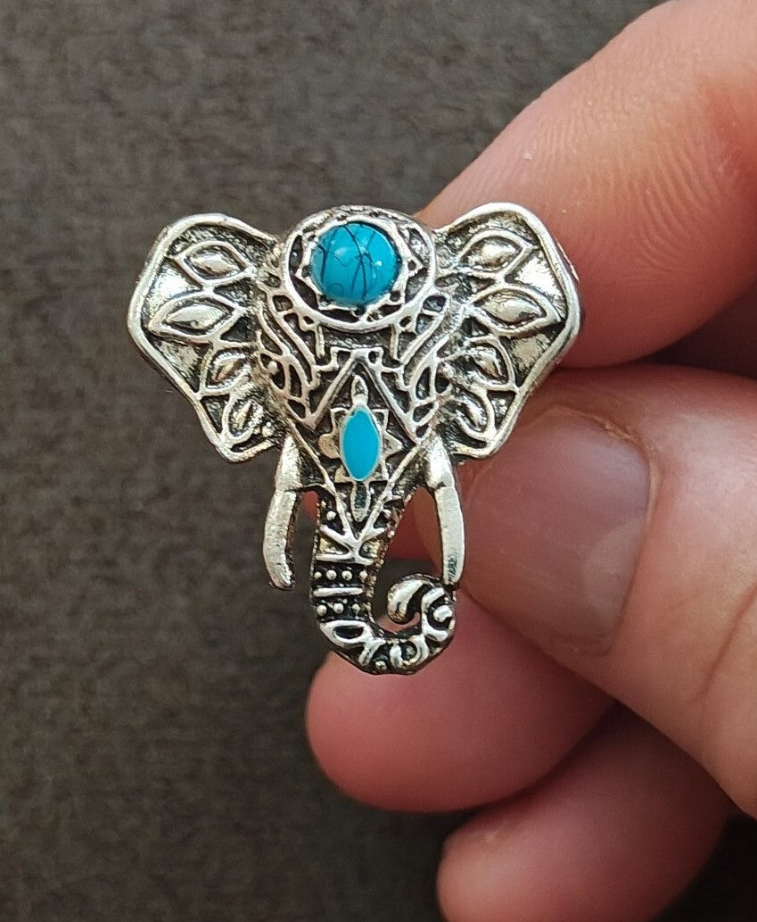 Bohemian Style Silver Tone With Faux Turquoise Stones Elephant Statement Ring
