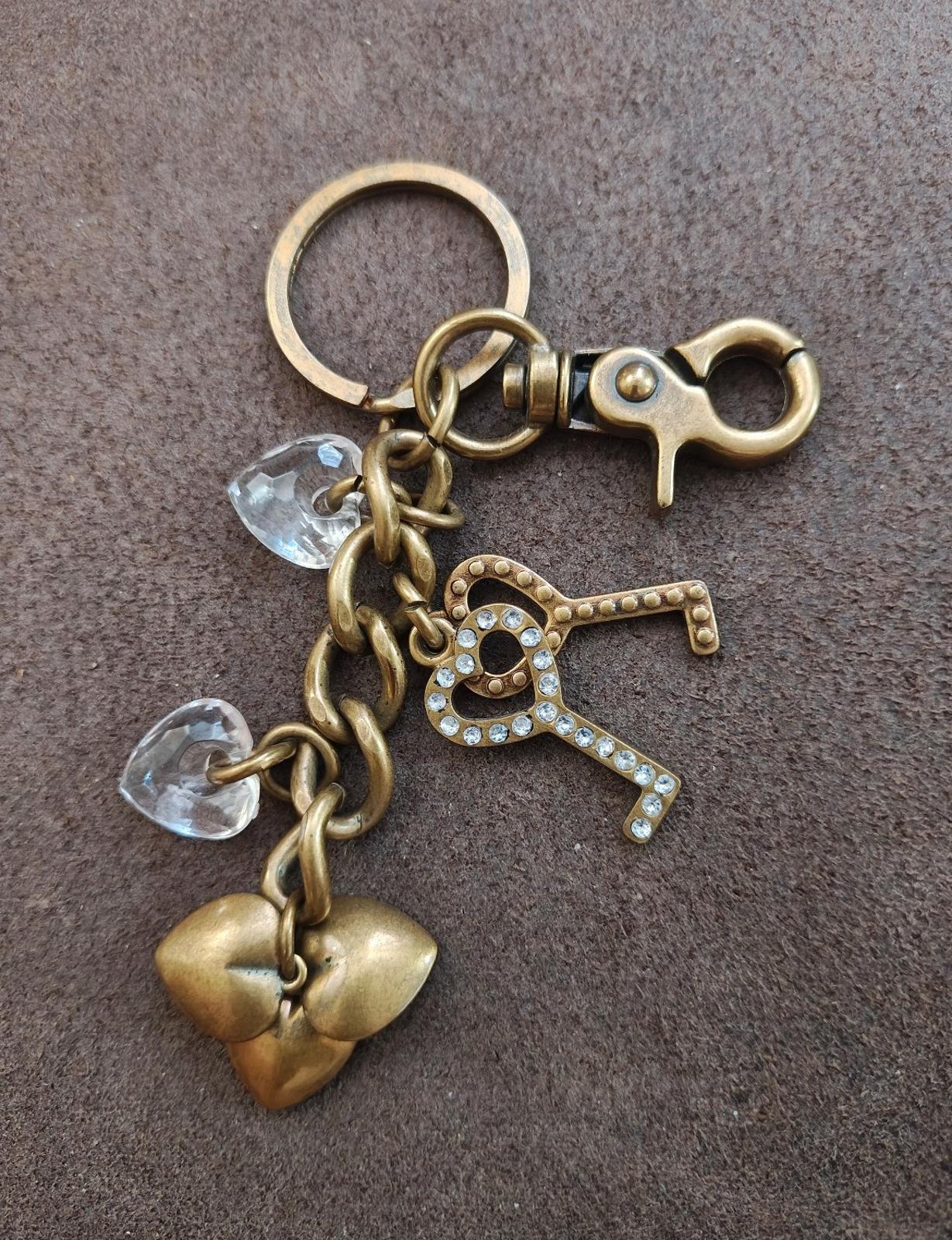 Vintage Inspired Brass Finish Keychain with Heart and Key Charms