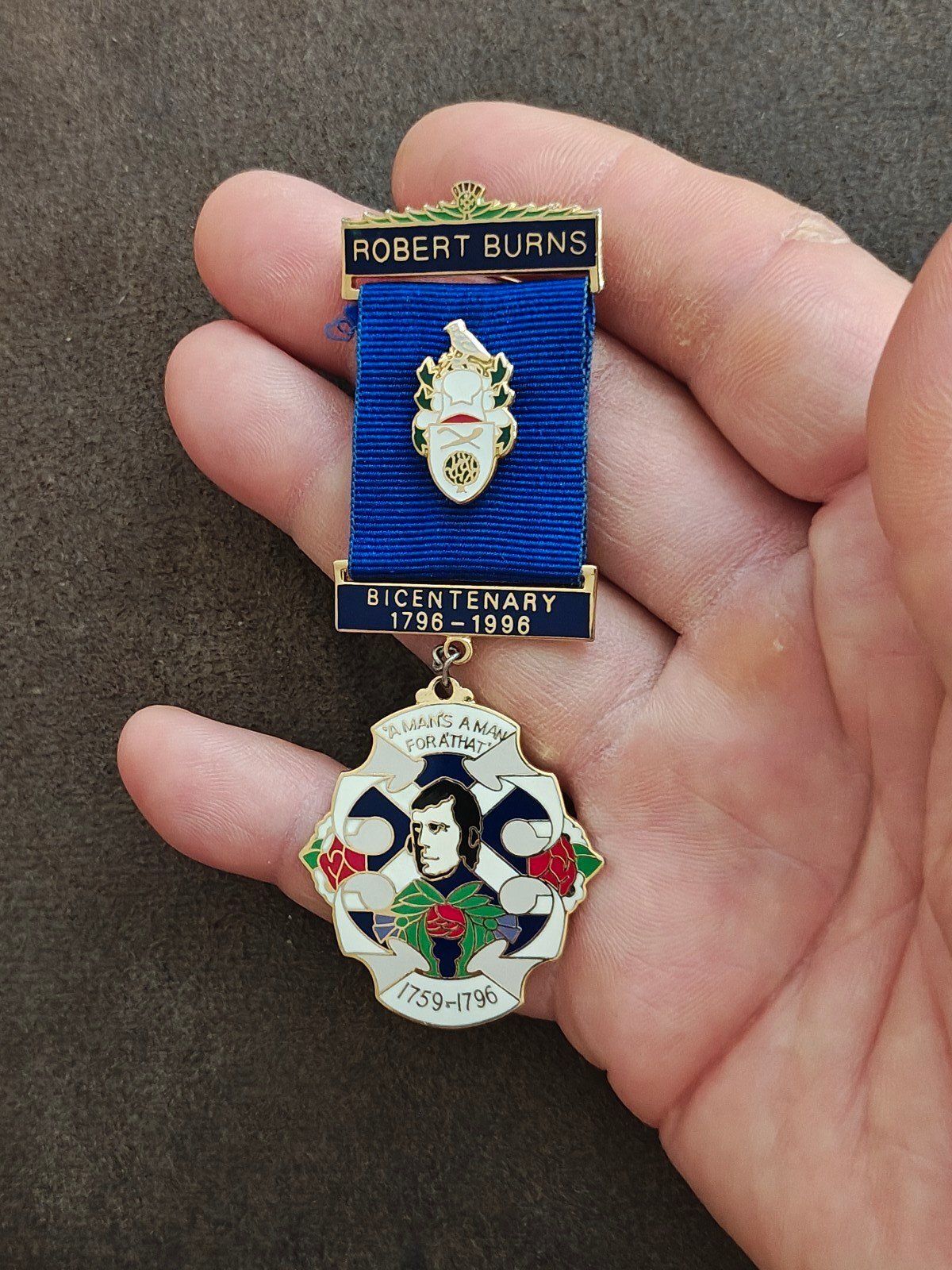1996 Robert Burns Bicentenary Commemorative Medal Ribbon Badge Pin
