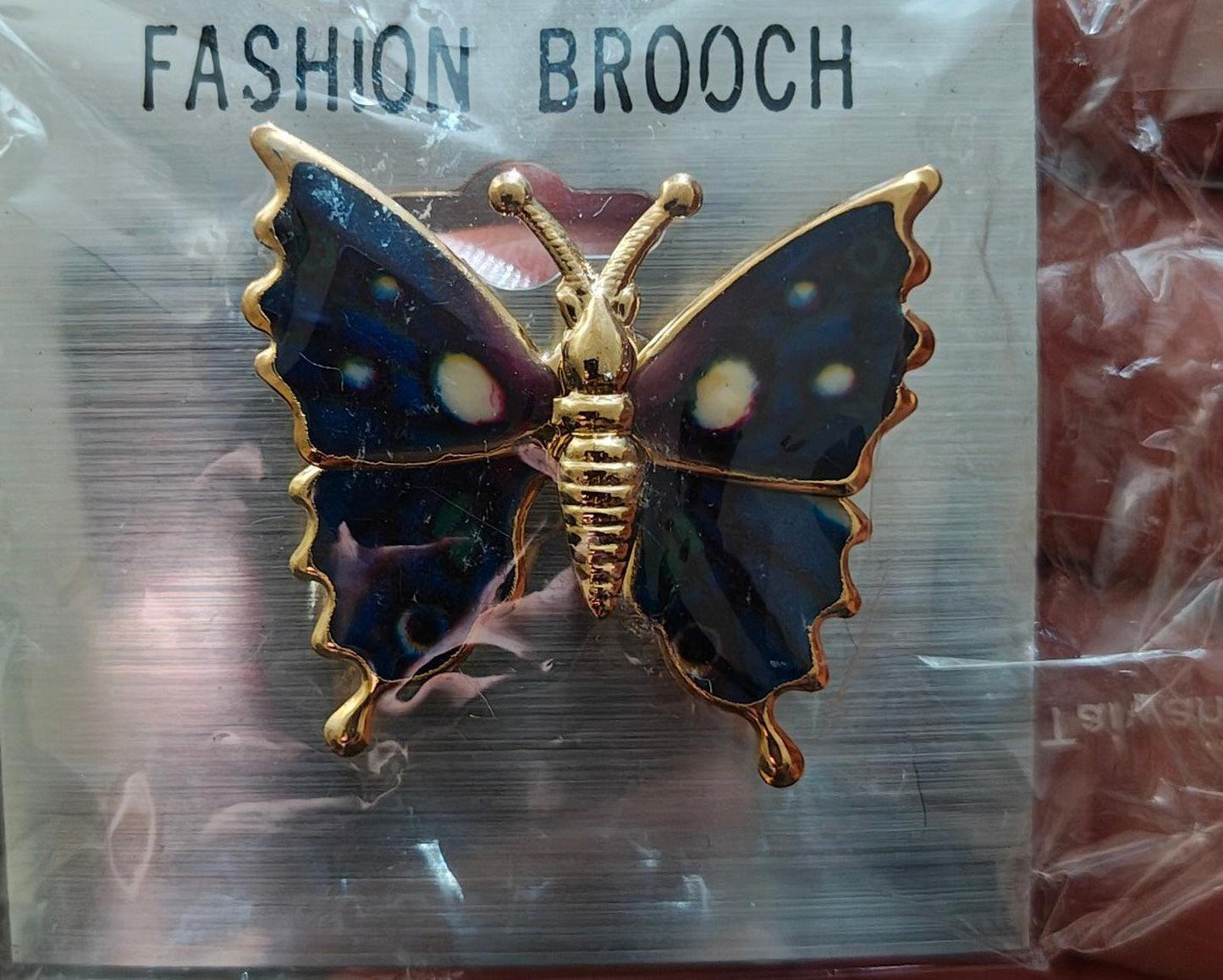 1980s Vintage Gold Tone Dark Blue Butterfly Brooch Pin New.