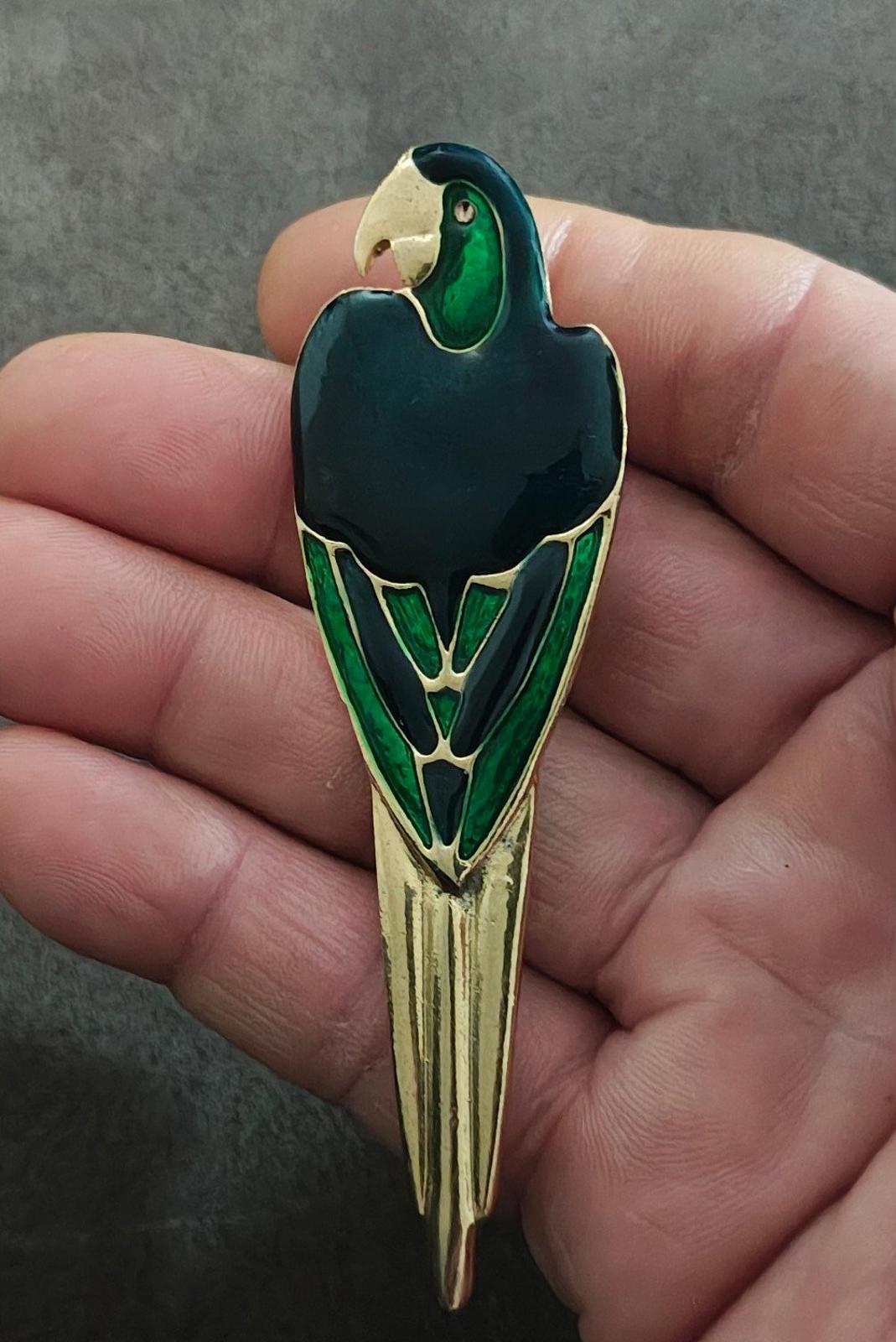 1990's Vintage Gold Tone Blue Green Enamel Parrot Brooch Pin