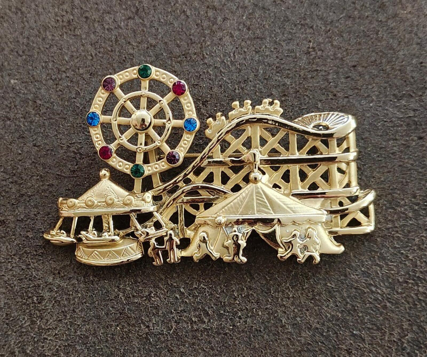 1980s Signed AJC Carnival Themed Gold Tone Brooch.